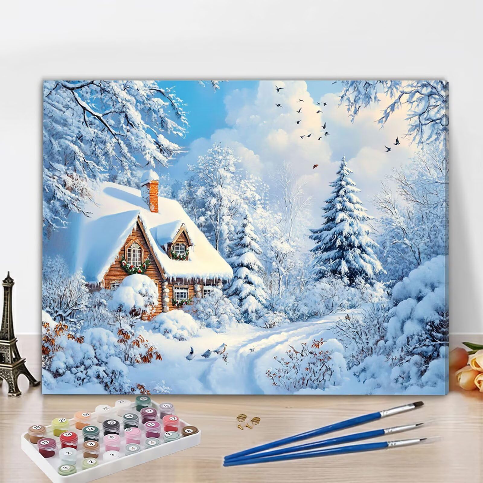 Dipingere con i Numeri Adulti Inverno Dipingere con i Numeri Casa di neve Paint by Numbers Hobby Creativi Adulti Fai Da Te Tela di Pittura a Olio Kit, Decorazioni Regalo 60x90cm Senza Cornice Y3-191