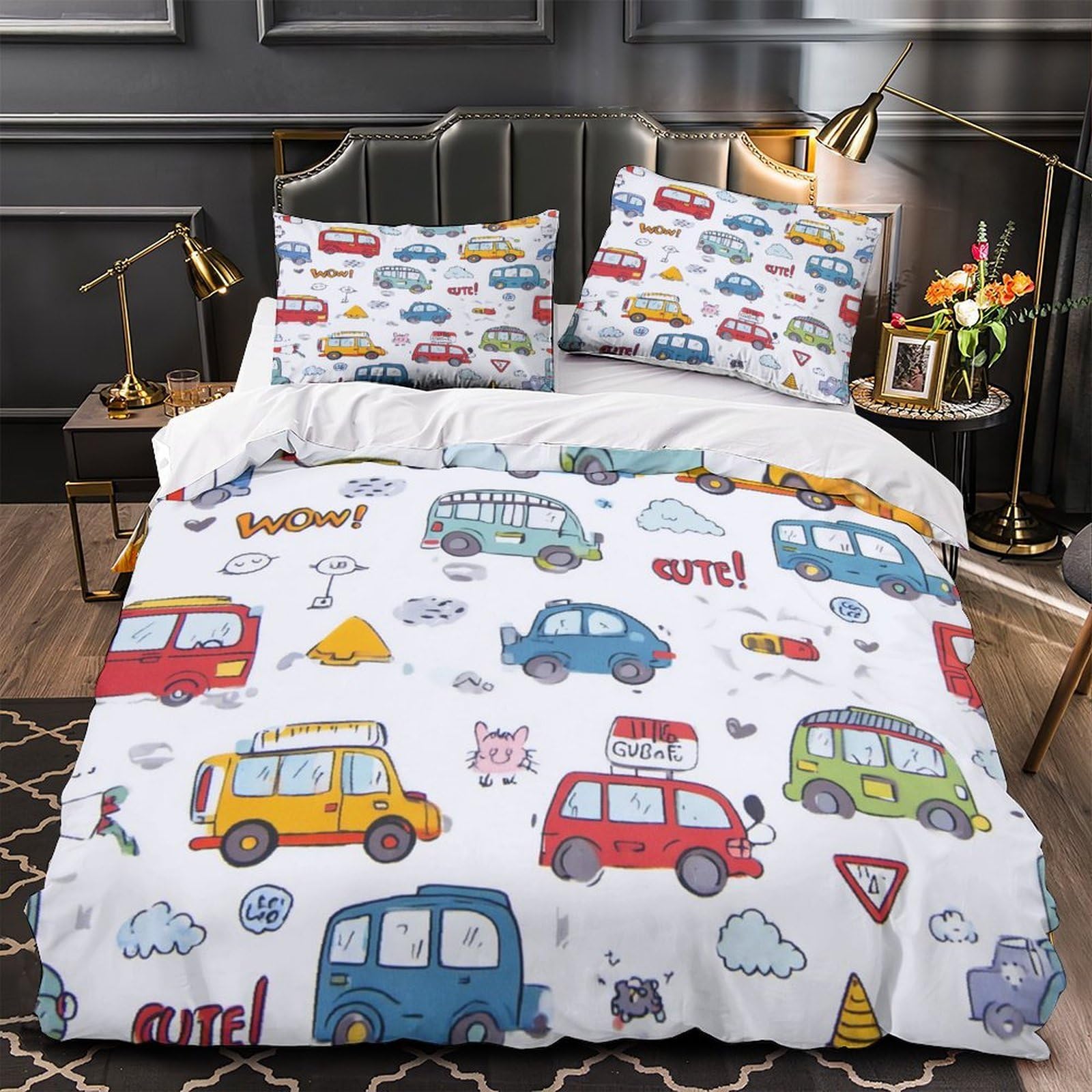 MMDASBVPE Cartoon Cars Pattern Quilt Cover 3D Design Printed Machine Washable 3 Pcs Bedding Set Zipper Duvet Cover Ultra Soft Hypoallergenic for Kids Adults Women Teens Youth Single（135x200cm）