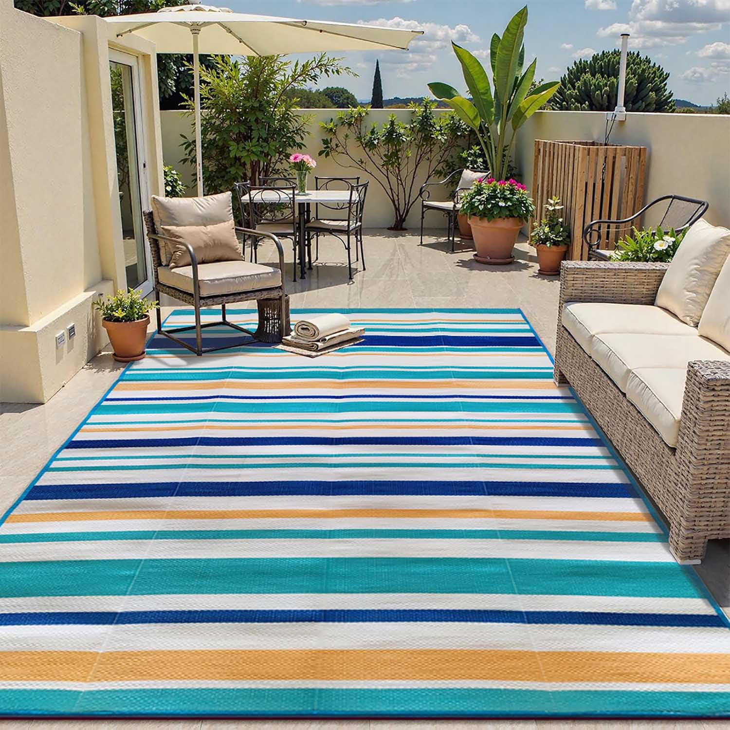 Tapis Extérieur Terrasse Rayés Moderne,120x180 Tapis de Sol Extérieur en Plastique Réversible,Tapis Extérieur Résistant à la Pluie Pliable pour Balcon Camping Pique-Nique (Bleu/Blanc/Orange)