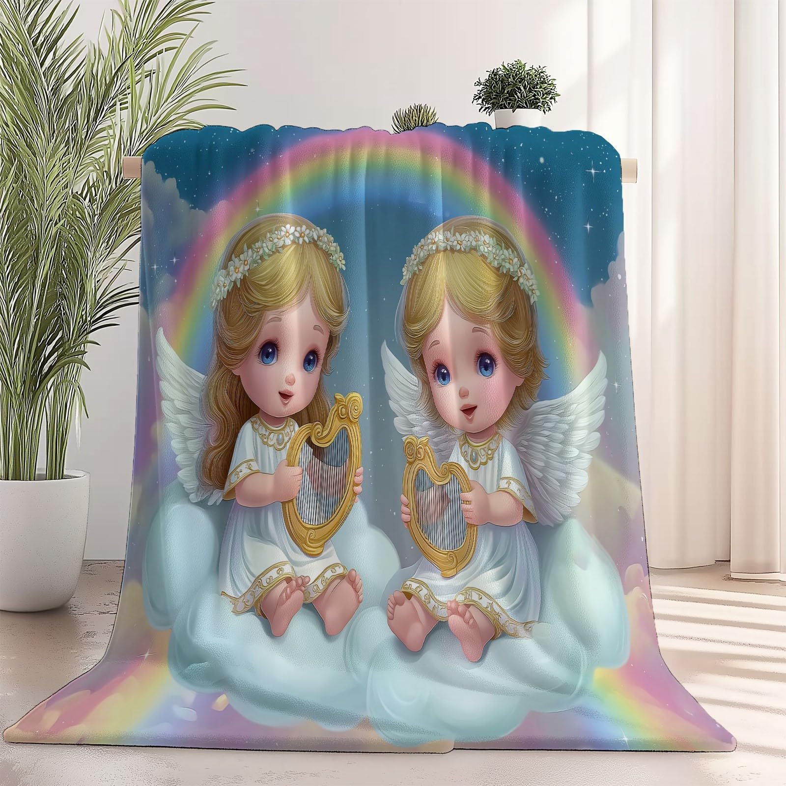 Miękki i przytulny flanelowy koc polarowy 150 x 200 cm - ciepły pluszowy nadruk kreskówka Anioł Chmury Anioł Podróżny koc dekoracyjny niebieski narzuta na sofę i łóżko podróżne