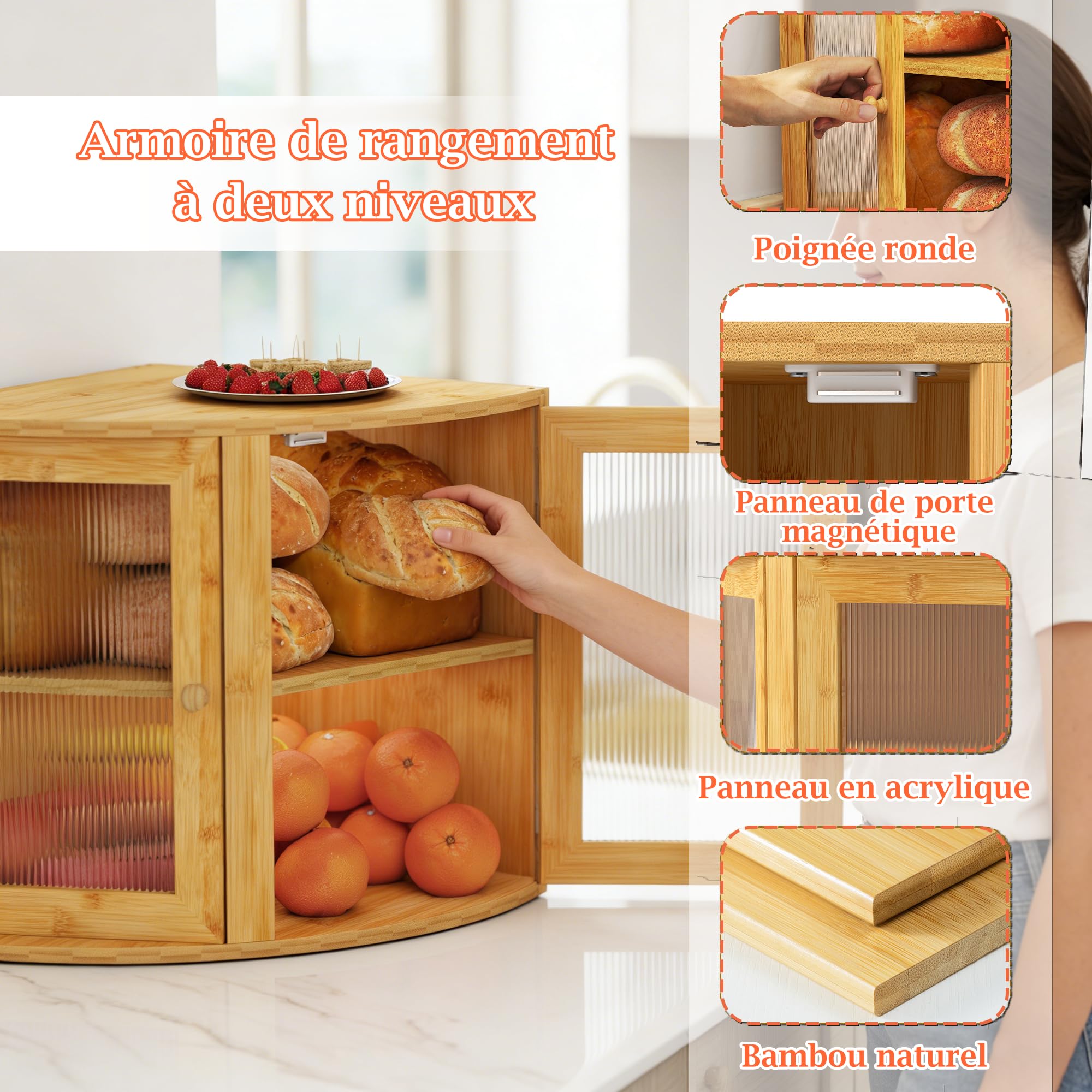 bimiti Bambusowy pojemnik na chleb, 2-poziomowe pudełko na chleb, przechowywanie w kuchni, oszczędność miejsca 34 x 32 x 32 cm, drewniane pudełko na chleb z przezroczystymi drzwiami na chleb