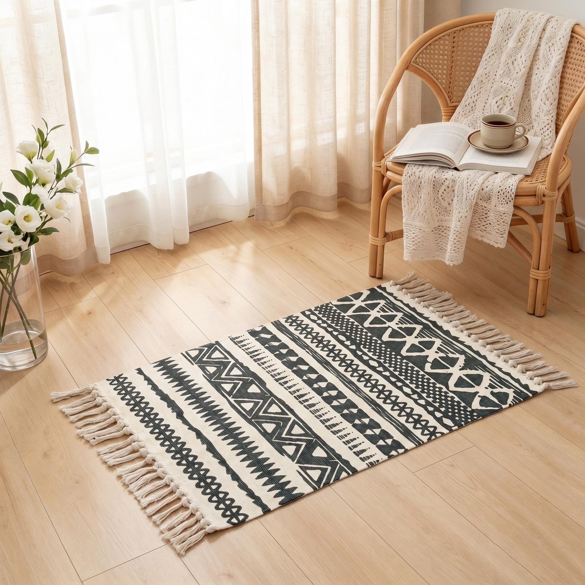 MORROWCAMP Boho Teppich klein 58 x 88 cm, Baumwolle Teppich Waschbar mit Quasten, Schmaler Kleiner Baumwollteppich für Wohnzimmer Schlafzimmer Flur, Handgewebter Boho Stil Teppich (Schwarz)