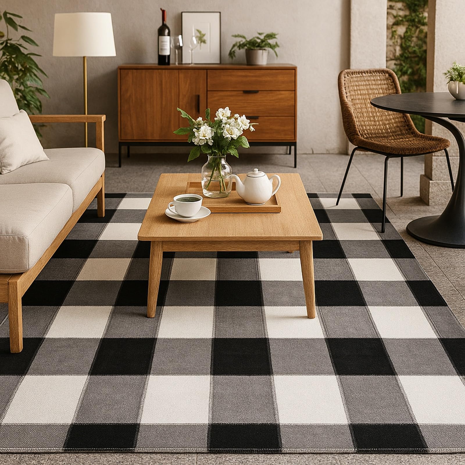Tapis lavable blanc rétro 80x160 cm antidérapant et doux à poils ras pour salon et chambre