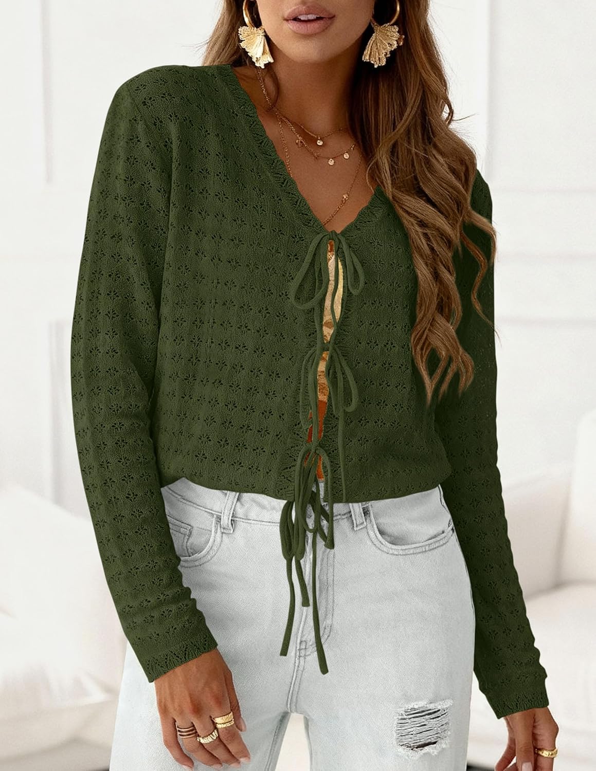 PRETTYGARDEN Crochet Cardigan Sweaters for Women Trendy Spring Summer Long Sleeve Tie Front Tops Boho Beach Vacation Clothes - Image 7