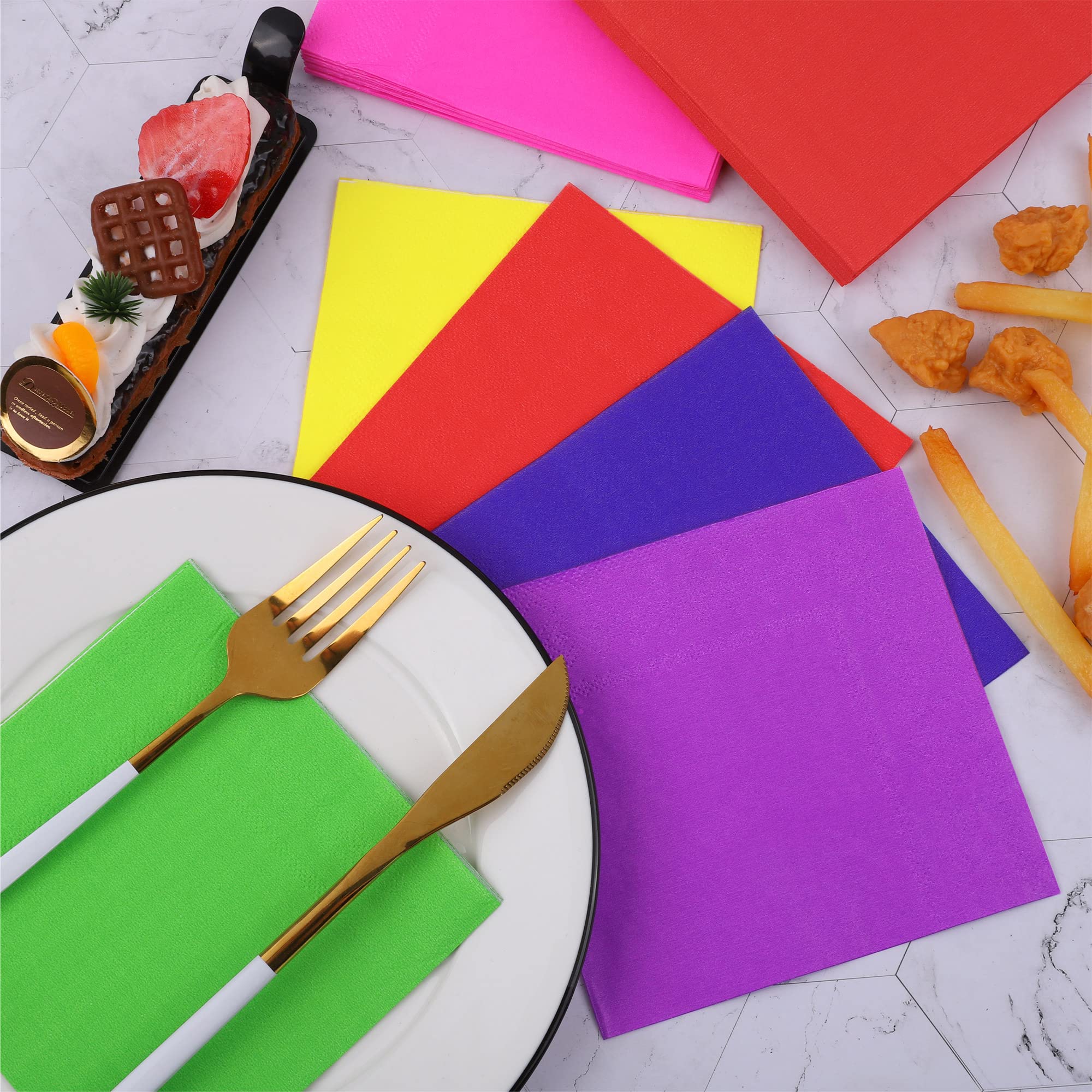 ADXCO 150 servilletas de cóctel de 6 colores neón brillantes, servilletas de papel de 2 capas, servilletas de papel de bebidas arcoíris para el hogar, fiesta, picnic