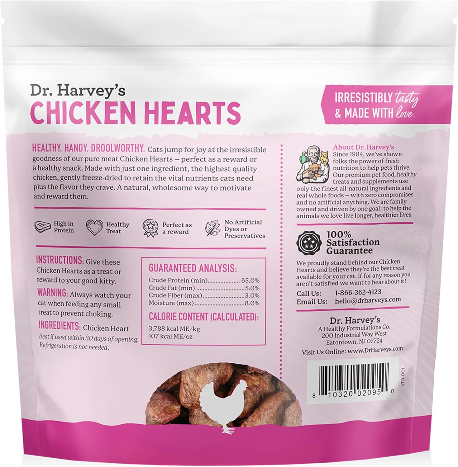 Dr. Harvey's Chicken Hearts Freeze Dried Training Cat Treats with Real Chicken Hearts for Cats, 7 Ounces