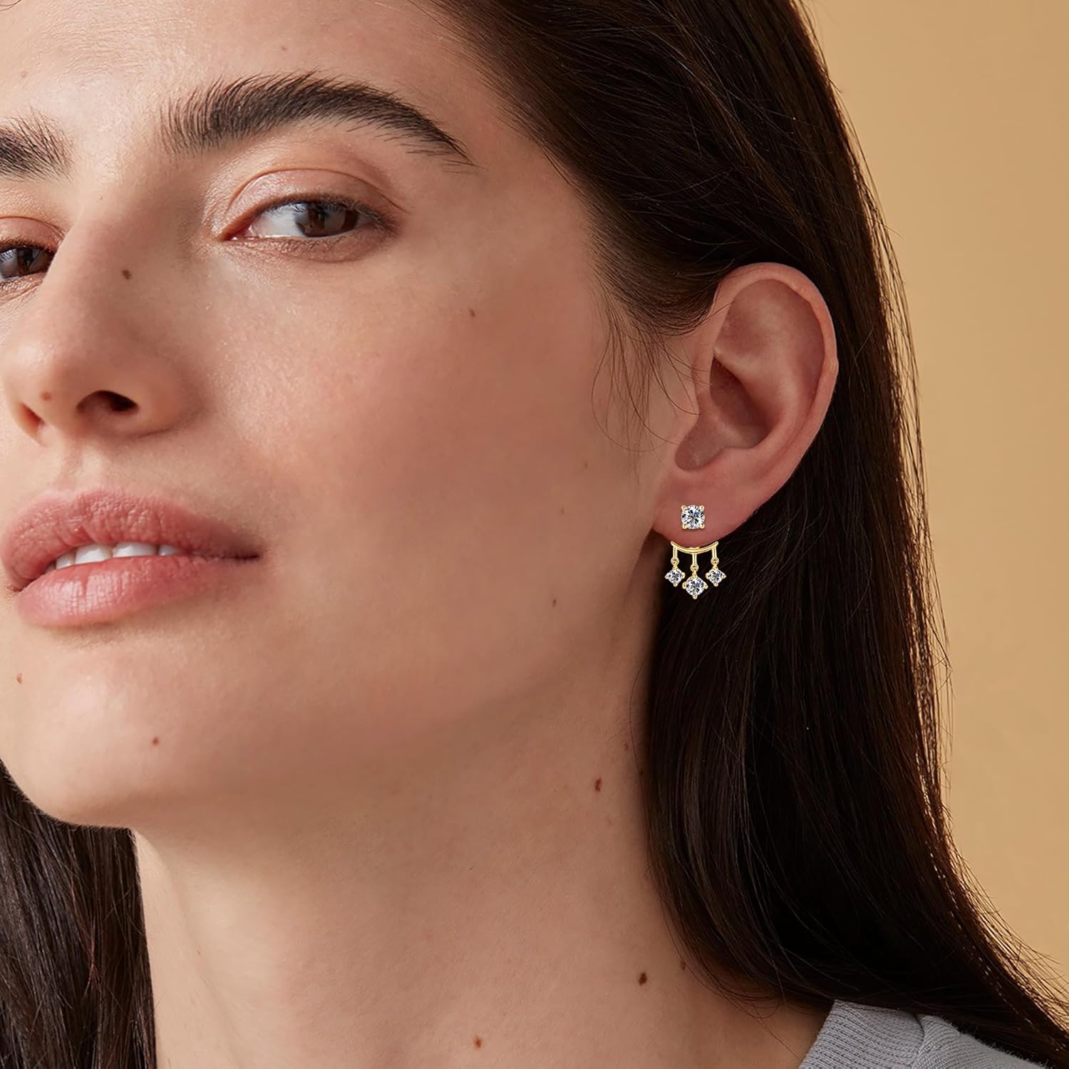 AINUOSHI Moissanite Stud Earrings with Triple Stones Dangle Drop Ear Jacket Earrings for Women 925 Sterling Silver Two Wear Style Standalone Stud Earrings and Dangle Charm Ear Jacket Combined Sets