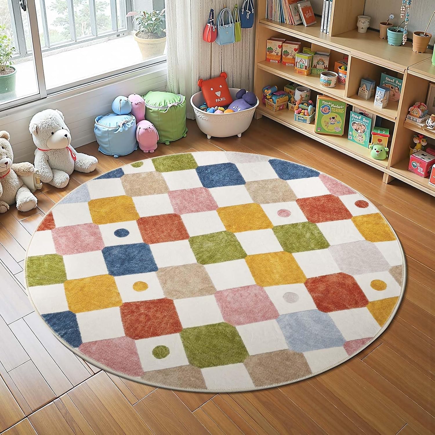 JINCHAN Macy 5ft Round Kids Rug - Colorful Circus Diamond Checkered Washable Non-Slip Nursery Playroom Carpet on Cream