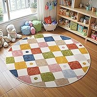 JINCHAN Macy 5ft Round Kids Rug - Colorful Circus Diamond Checkered Washable Non-Slip Nursery Playroom Carpet on Cream