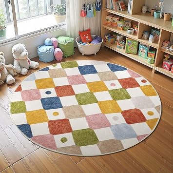 jinchan Macy 4ft Round Rug for Kids Room Modern Colorful Checkered Diamond Nursery Rug Indoor Washable Soft Non Slip Carpet for Playroom Classroom Bedroom Dorm Daycare Living Room Circus on Cream