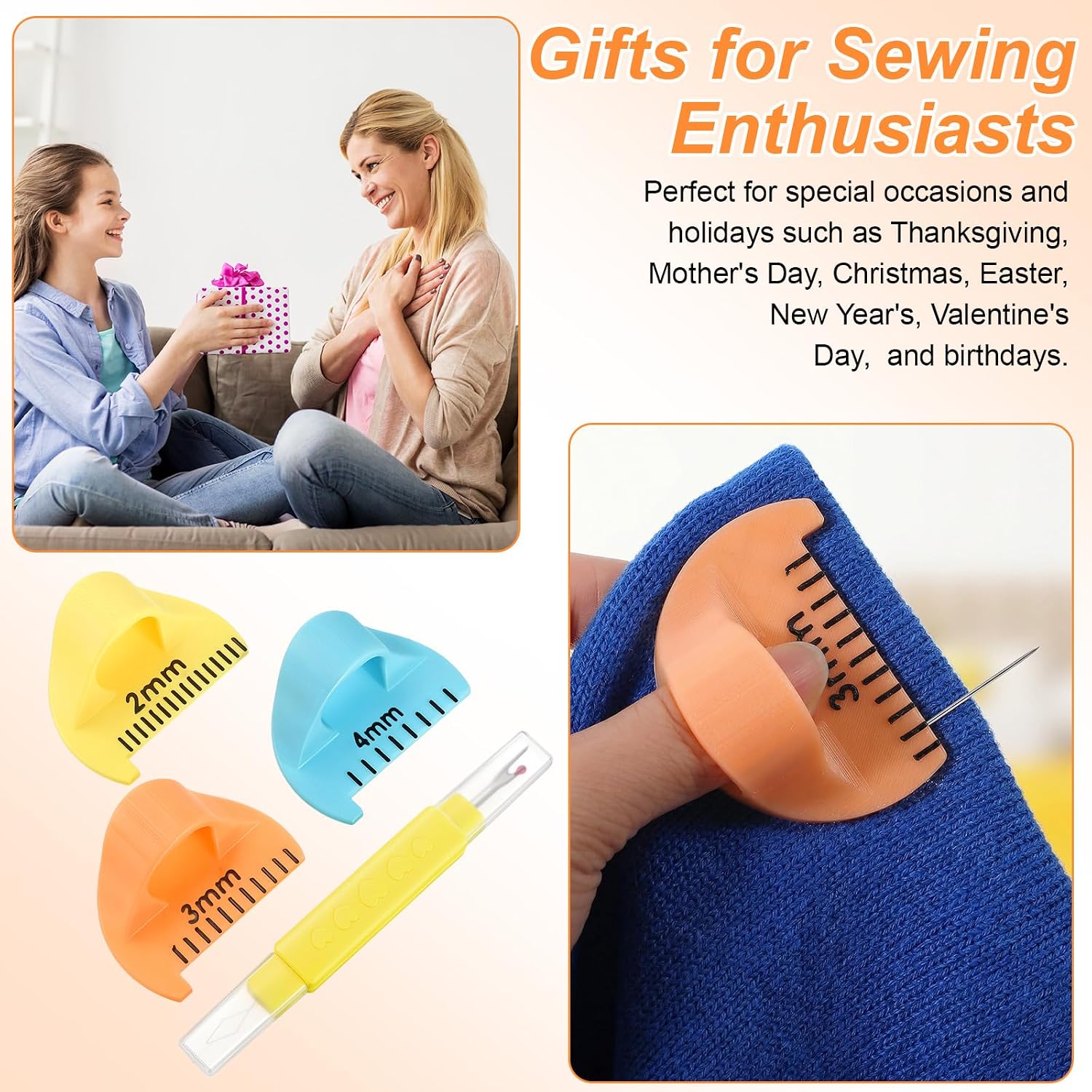 4pcs Finger Sewing Ruler Gauge Edge Stitch Lock and Sewing Gauge Lockranding Tool Quilting Templates Hand Stitch Spacing Measuring Tool for Quilting Embroidery with Thread Ripper