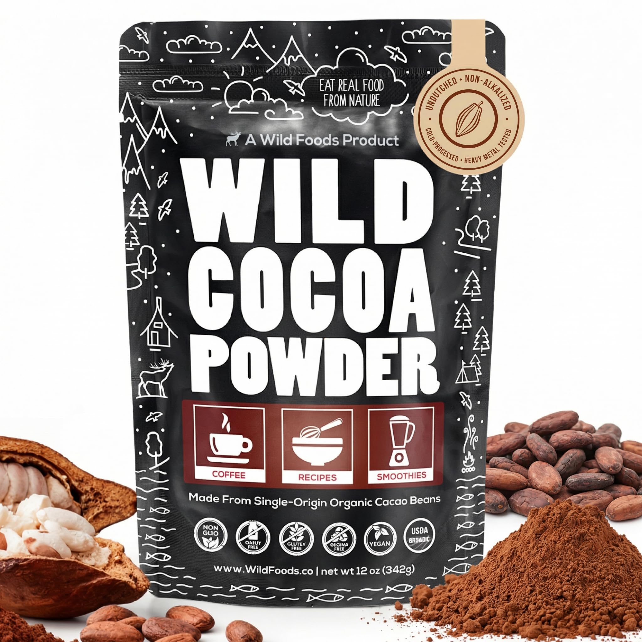 Wild Foods Organic Cocoa Powder | Single Origin Unsweetened Keto Chocolate Powder for Cooking & Baking | 100% Natural Cacao Beans | Sugar Free Non Dutch Raw Superfood | 12 oz