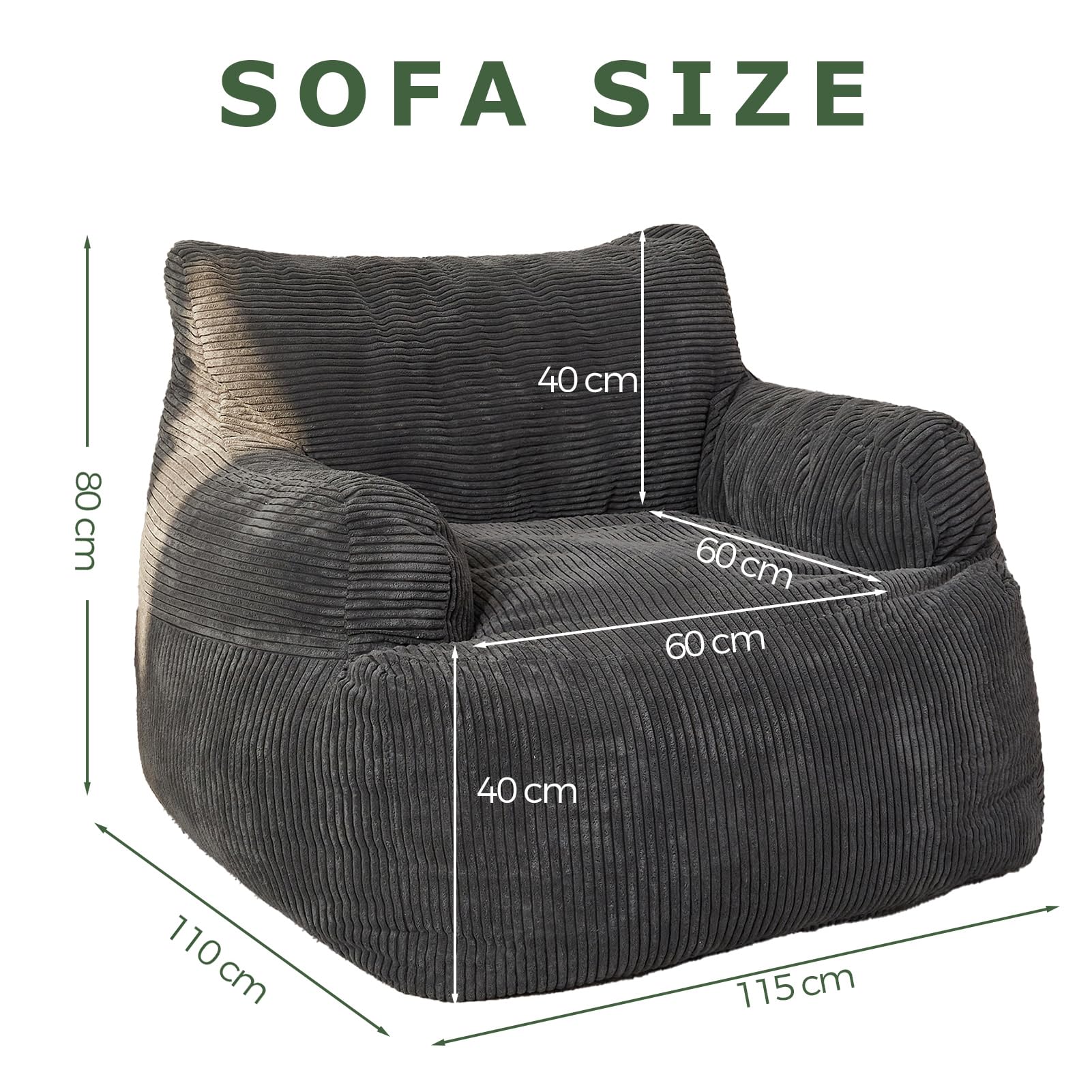 Canapé 3 Places En Velours Côtelé - Fauteuil Poire Rembourré - Sans Assemblage - Couleurs Au Choix - 3