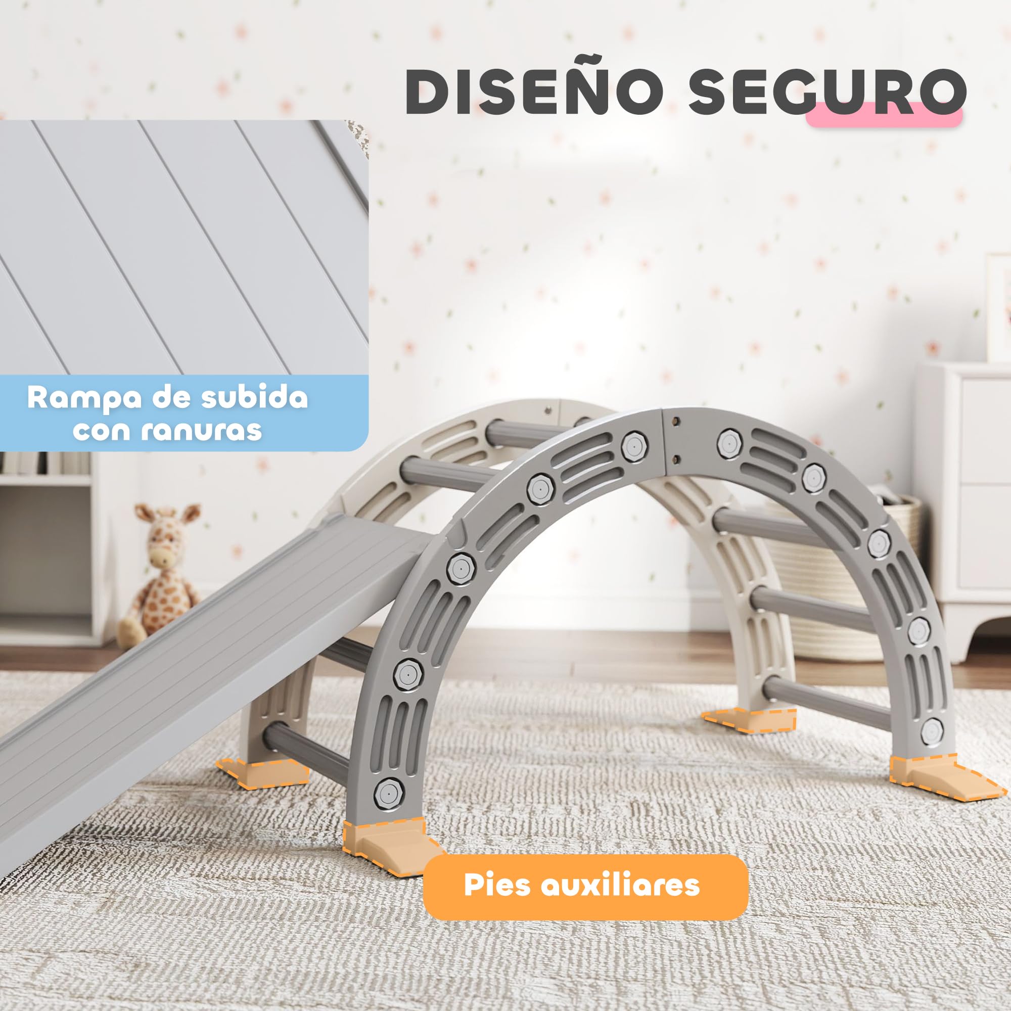 AIYAPLAY Juguete de Escalada para Niños 4 en 1 con Arco de Escalada, Mecedora, Rampa y Tobogán, Juguete de Plástico para Niños de 18-48 Meses, para Interior y Exterior, Gris y Blanco
