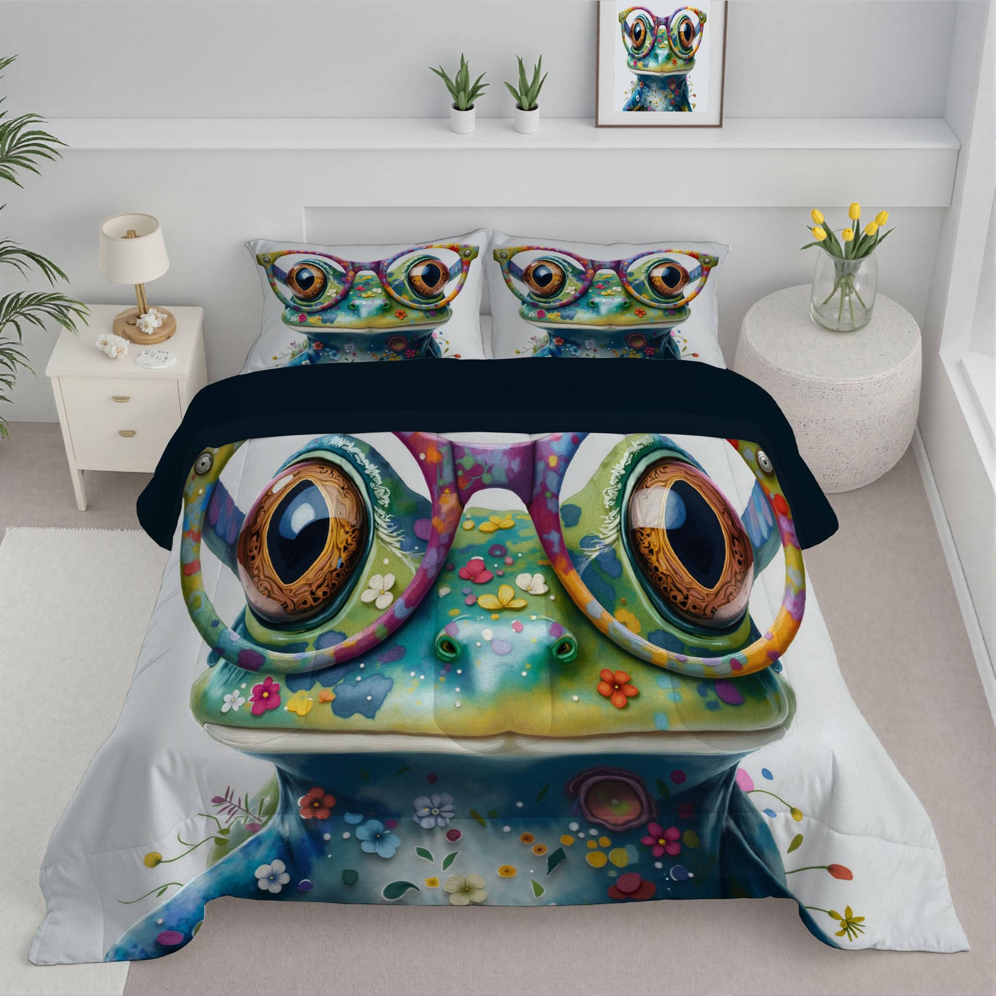 Trapunta Letto Singolo 4 Stagioni Piumone per Bambini, Rana Carina Occhiali Leggero Pittura A Olio Animali Set di Biancheria da Letto 140x200cm con 1 Federe,Piumino Lavabile In Lavatrice