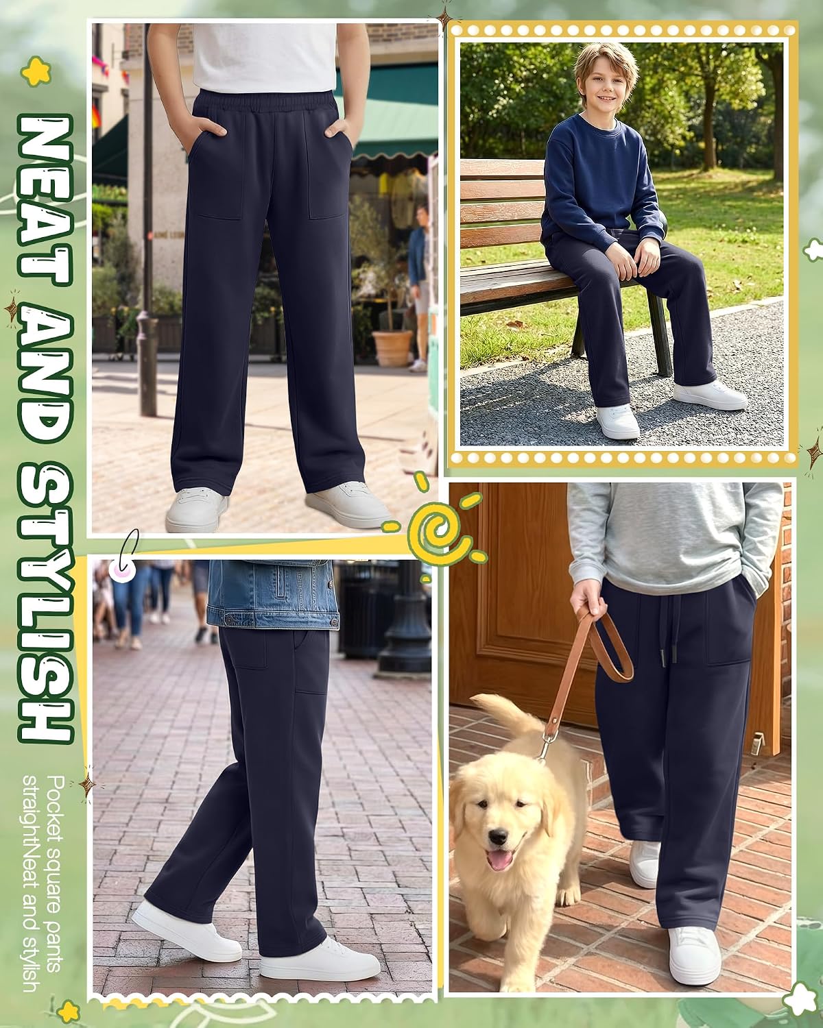 Boys Baggy Sweatpants Teens Lightweight Straight Leg Open Bottom Pants Drawstring Trousers with Pockets