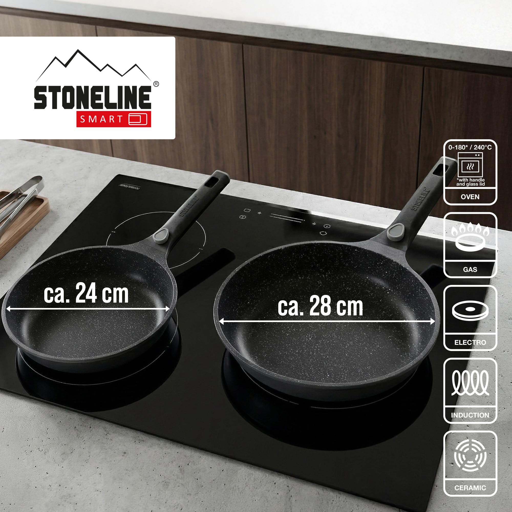 STONELINE SMART Juego de Sartenes 2 Piezas 24/28 cm, Sartén Grande Aluminio Fundido, Mango Desmontable, Sartén Inducción, Todo Tipo de Cocinas, Antiadherente con Partículas de Piedra Reales, Gris