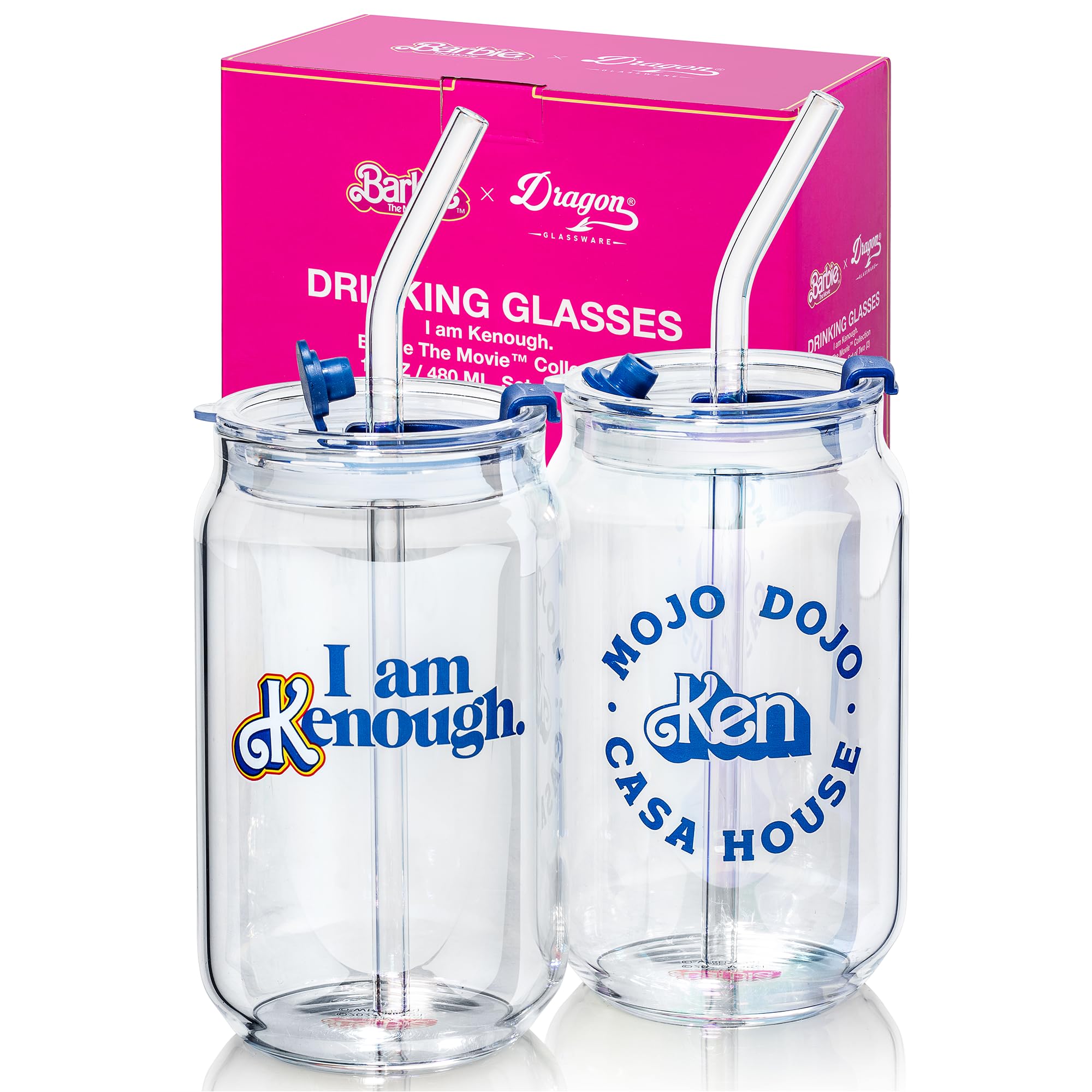 Dragon Glassware x Barbie The Movie - 16 oz Glass Cups with Lids and Straws, Set of 2 - Iced Coffee Cups with Lids - Versatile Glass Tumbler with Straw and Lid - I'm Just Ken