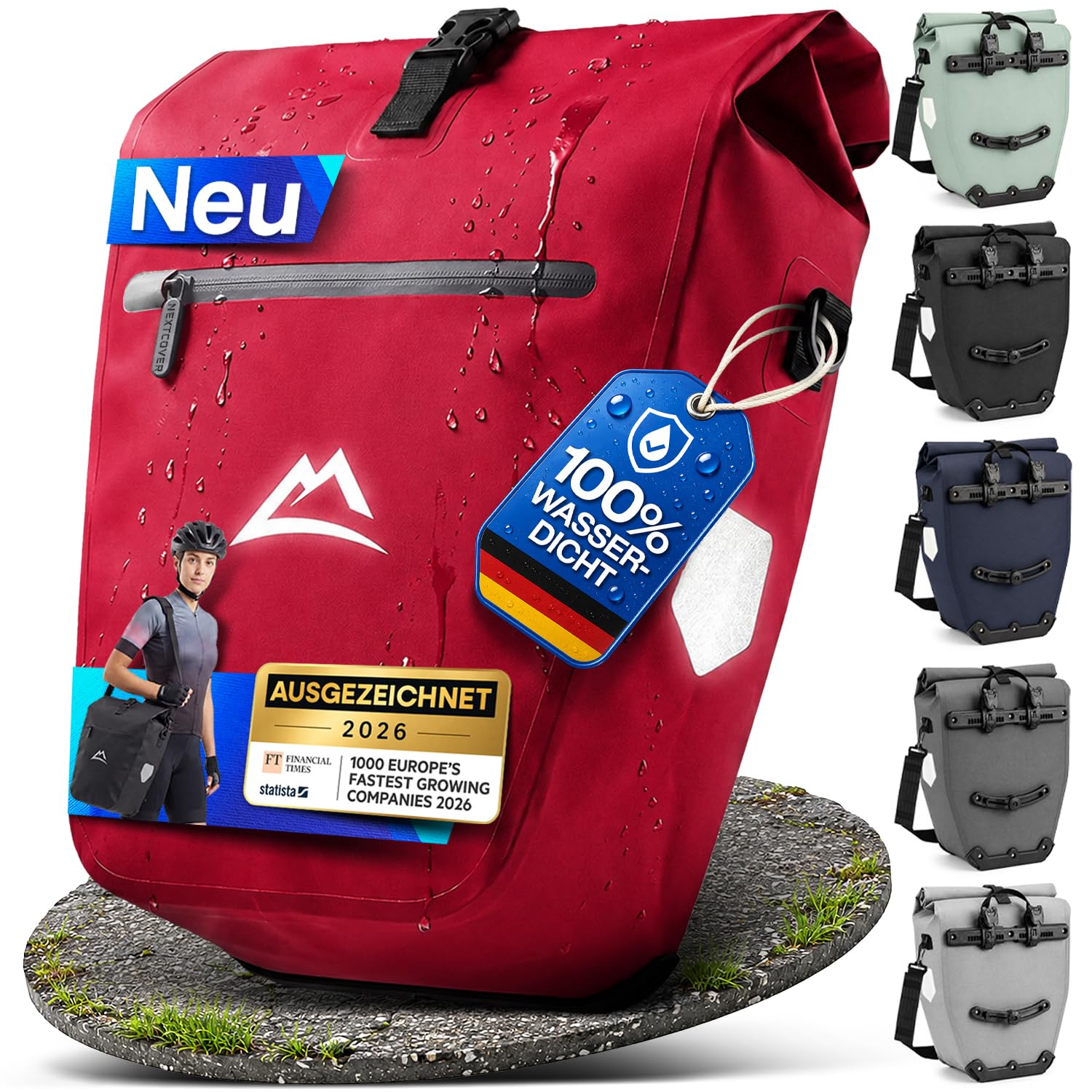 Nextcover® Borsa da bicicletta per portapacchi [AquaShield-TPU], 100% impermeabile, con sistema a clic e chiusura a rotola, borsa riflettente per bicicletta, con tracolla, borse per bicicletta