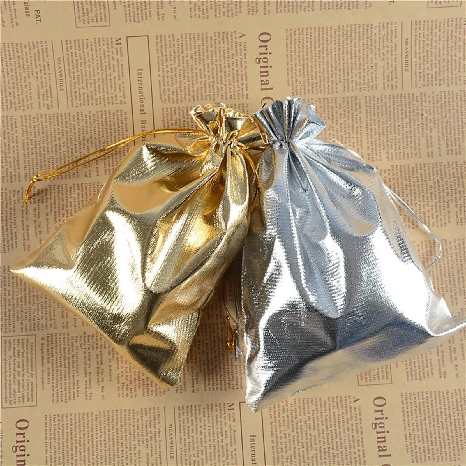 Geschenkbeutel 10/50/100 Stück Gold Silber Organza Beutel Schmuck Verpackung Tasche Hochzeit Party Zugunsten Süßigkeiten Taschen Zugunsten Beutel Kordelzug Geschenktüten(Gold bag,9X12CM_100PCS)