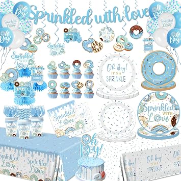 Baby Sprinkle Decorations for Boy,Blue Sprinkled with Love Party Plate,Napkin,Cup,Cake Topper Donut Baby Shower Decorations for Baby Boy Sprinkle Party Supplies Serves 24