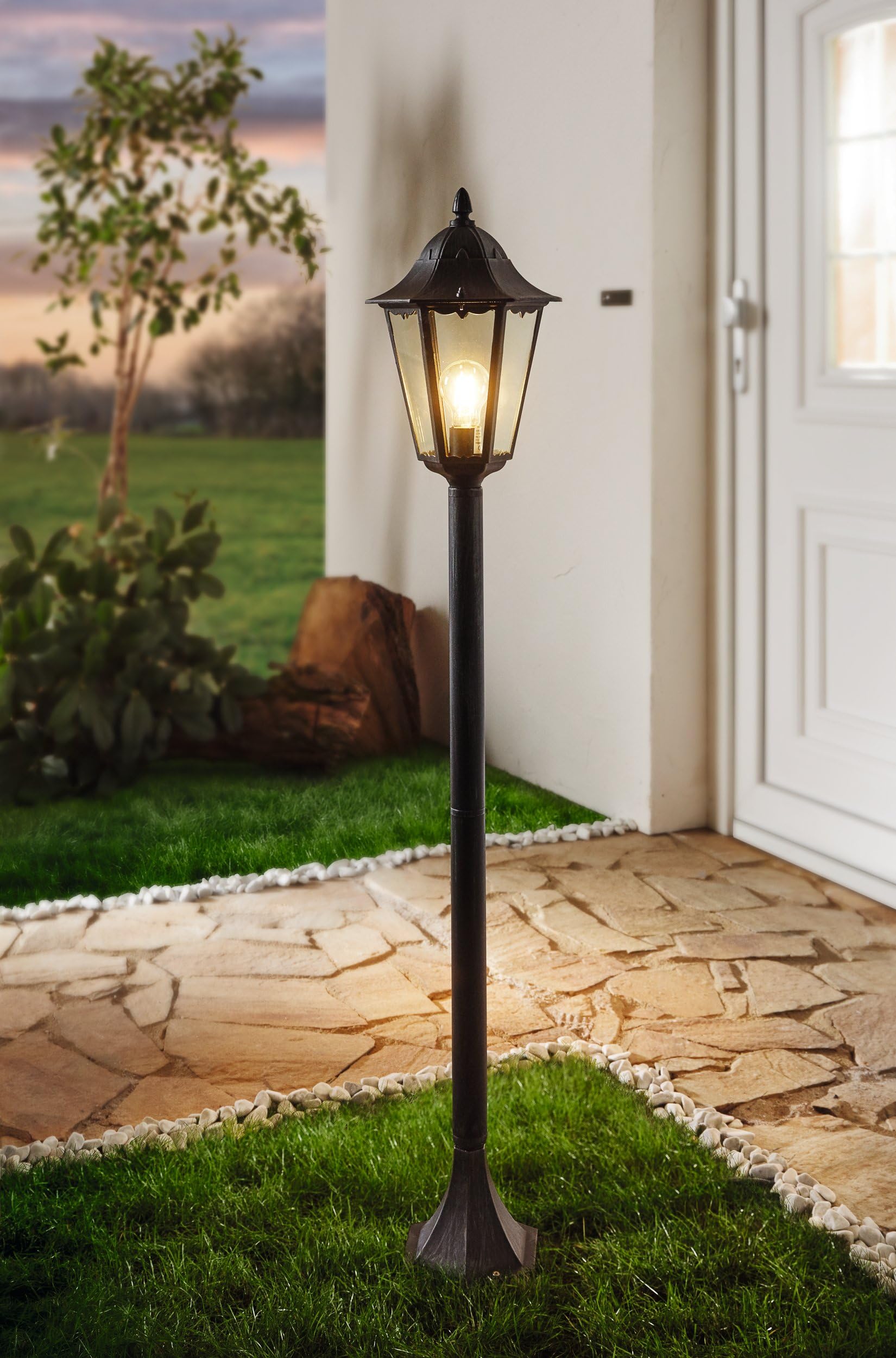 EGLO Außen-Stehlampe Navedo, 1 flammige Außenleuchte | Stehleuchte aus Aluguss und Glas, Schwarz mit Silber-patina, E27 Fassung, 120 cm, IP44