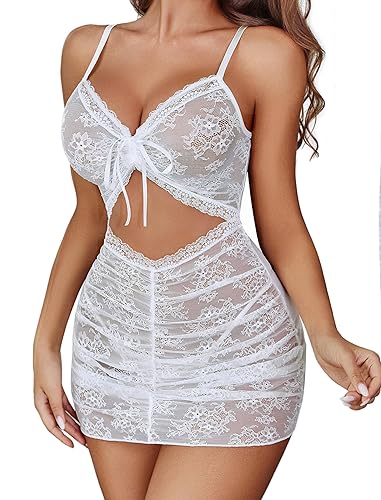 Avidlove Sexy Lingerie for Women Ruched Lace Babydoll Lingerie Cutout Mesh Bodycon Chemise Nightgown S-XXL - XX-Large - White