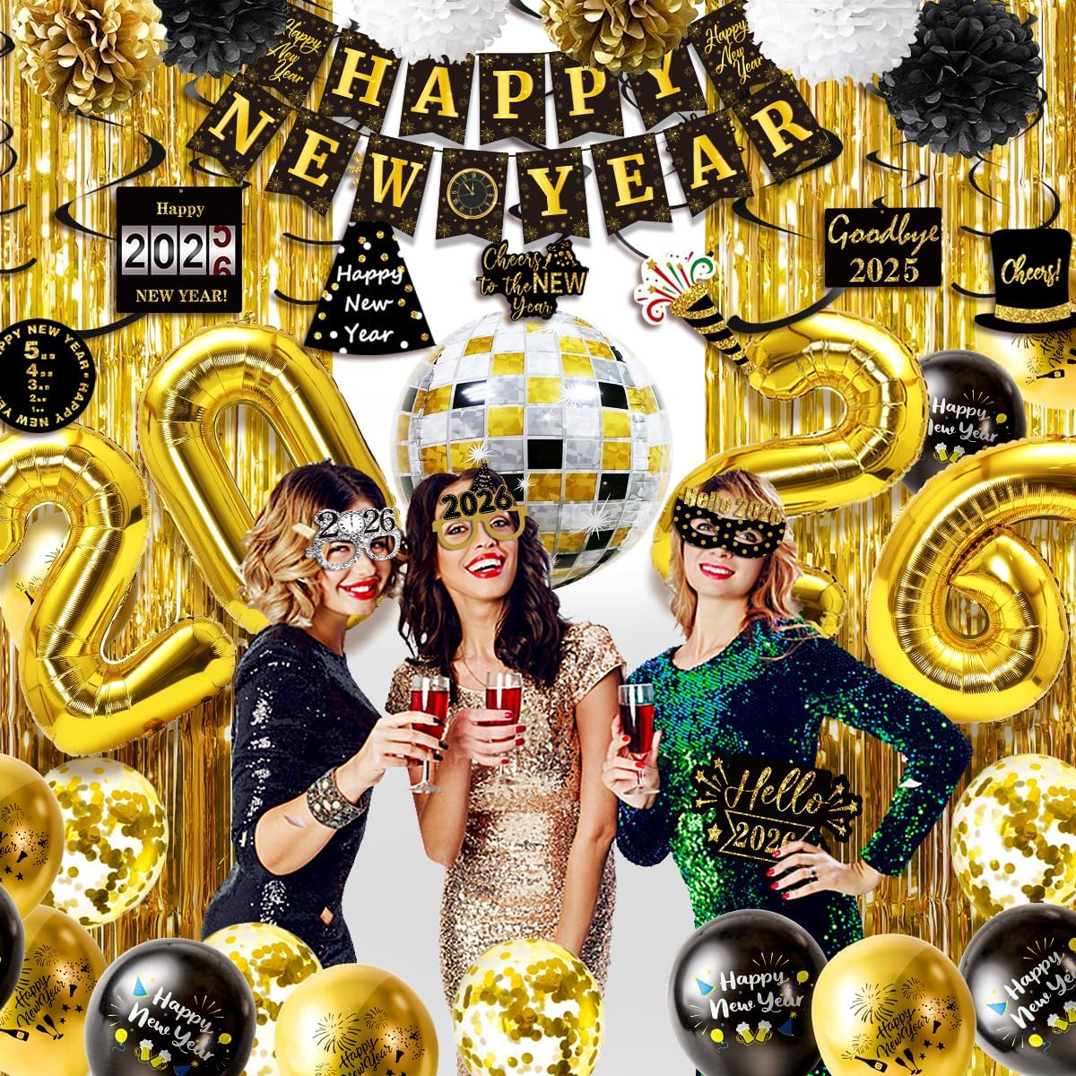 MOVINPE New Years Eve Party Decorations 2026 Black Gold, Happy New Year Party Supplies, Banner Pompoms Number Balloon Fringe Curtain Photo Booth Props Hanging Swirl Squawkers Blowouts