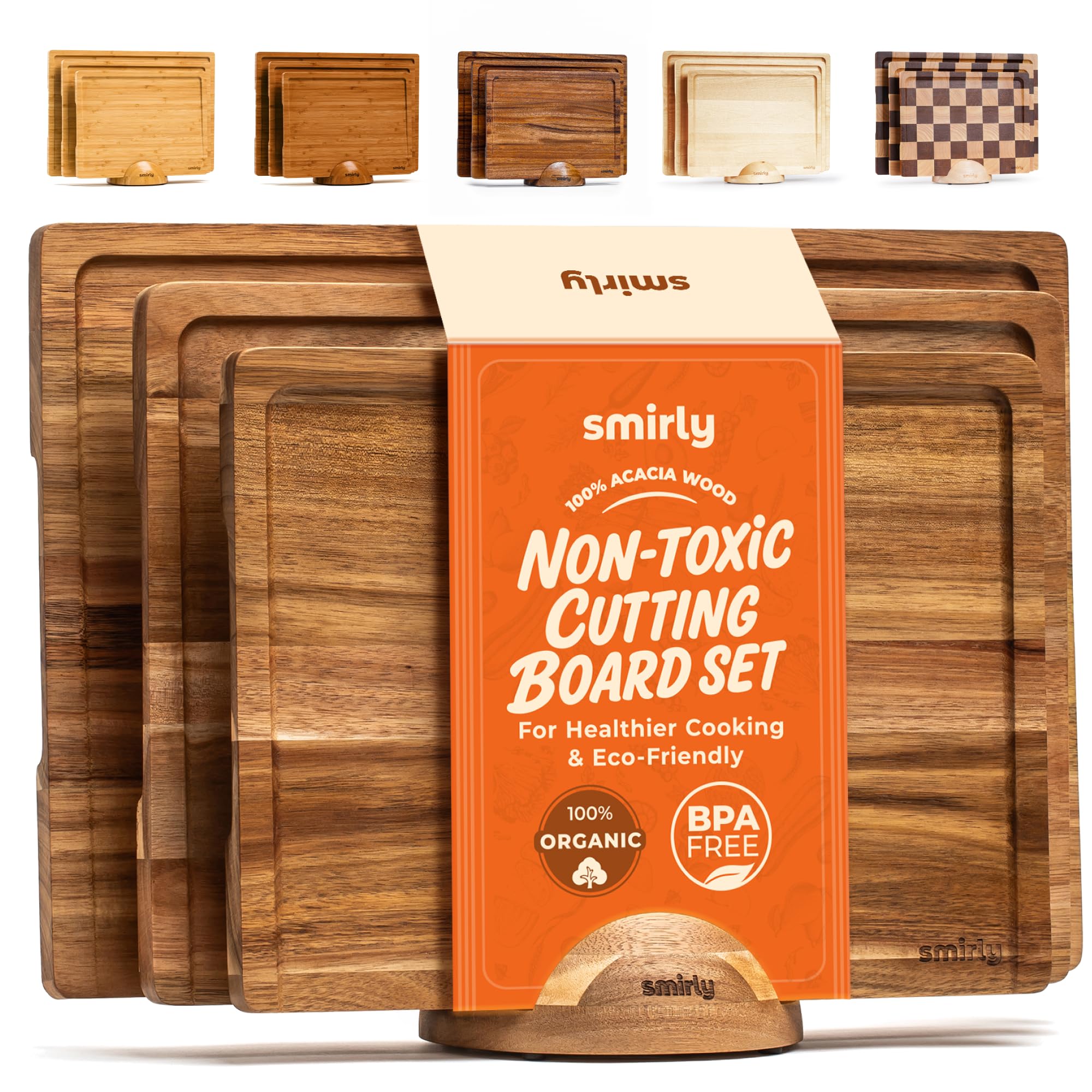 SMIRLY Wood Cutting Boards For Kitchen Meal Prep & Serving, Bamboo Cutting Board Set, Charcuterie Chopping Boards and Wooden Cutting Boards for Kitchen