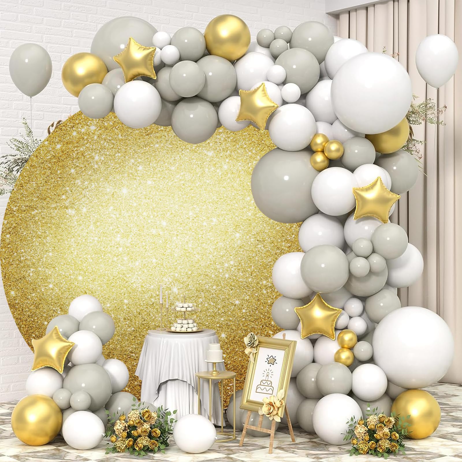Ttinccer Oro Glitter Sfondo 230cm Bokeh Punti Scintillanti Festa di Compleanno Rotondo Sfondo Copertura Paillettes Lucide Matrimonio Sposa Doccia Decorazione Banner