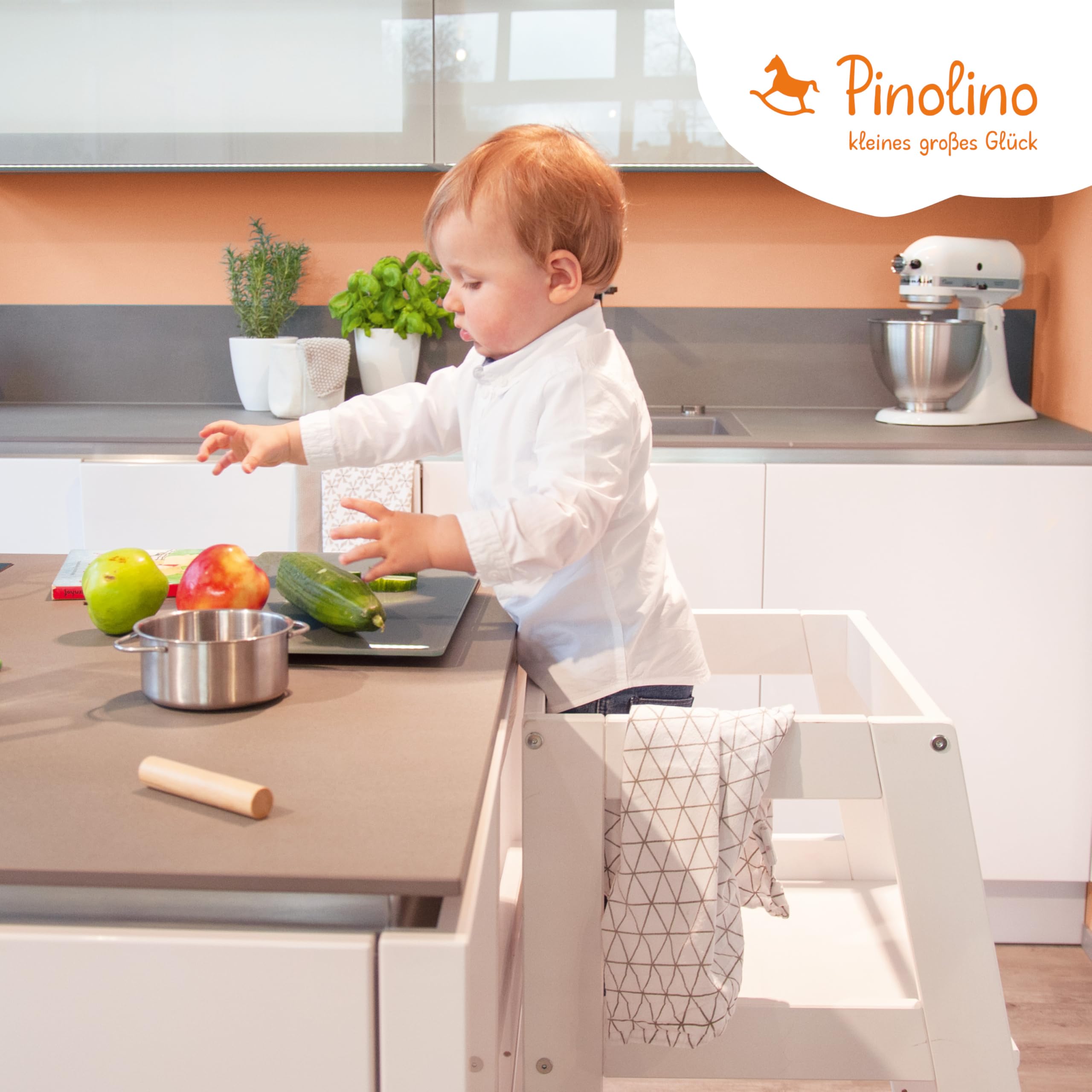 Pinolino Torre di apprendimento "Fino" bianco Per bambini, sedia per imparare sgabello a pedali regolabile in altezza, ausilio per la cucina Per neonati
