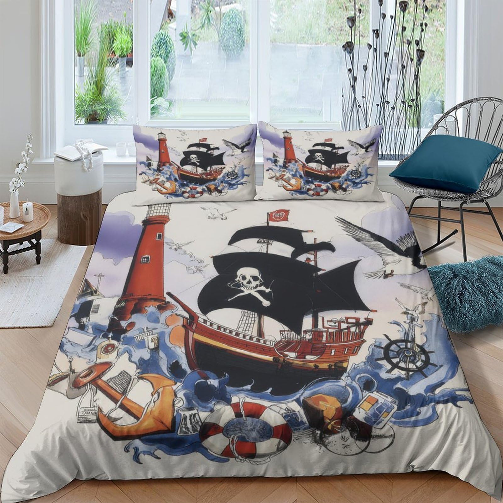 3D Printed Pirate Ship Quilt Cover, Microfiber Bedding Cover Hidden Zipper