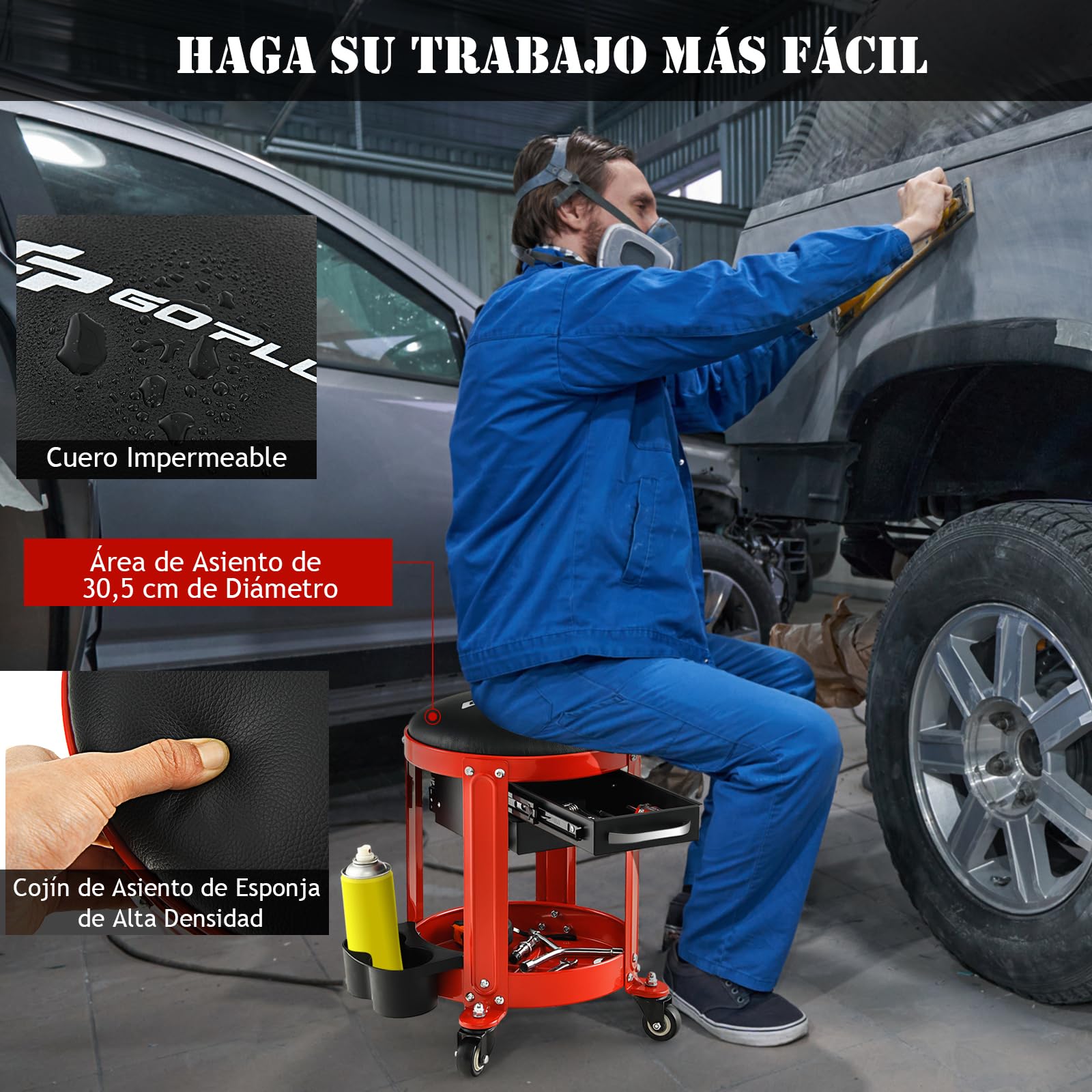 GYMAX Taburete Taller con Ruedas, hasta 150 kg, Taburete con Ruedas con Cajones Dobles, Soporte para Latas y 4 Ruedas Universales, Taburete Mecánico con Bandeja para Taller y Garaje