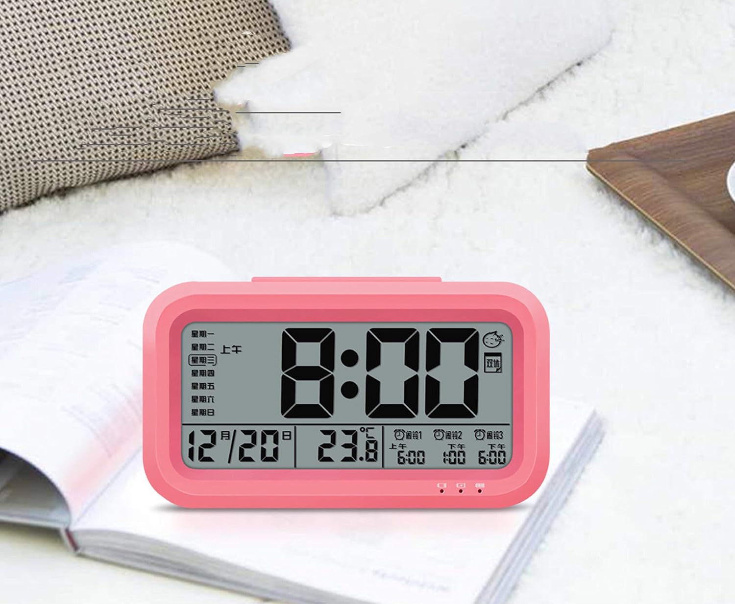 Front view of the Peakeep S8 Digital Alarm Clock displaying time, date, and temperature.