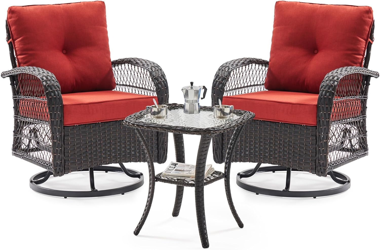 UDPATIO 3 Pieces Patio Furniture Set, Outdoor Swivel Rocker Patio Chairs Set of 2, All-Weather PE Wicker Glider Chairs with Thick Cushions and Glass Coffee Table，for Porch Deck Backyard Red