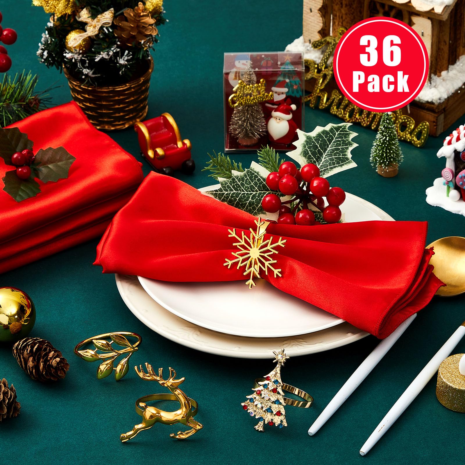 Maxcheck El juego de 72 servilleteros de Navidad incluye servilletas de Navidad lavables rojas y soporte dorado para servilleteros para vacaciones, Navidad, boda, fiesta, cena, decoración de mesa