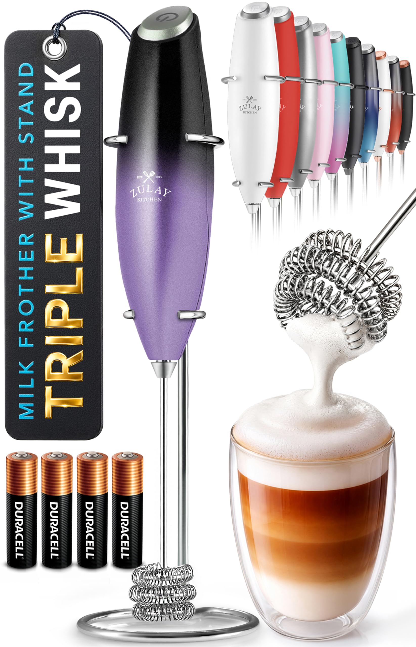 Zulay Kitchen Powerful Milk Frother Wand With Duracell Batteries - Ultra Fast Handheld Drink Mixer - Electric Whisk Foam Maker for Coffee, Lattes, Cappuccino &amp; Matcha - Triple Whisk - Nebula