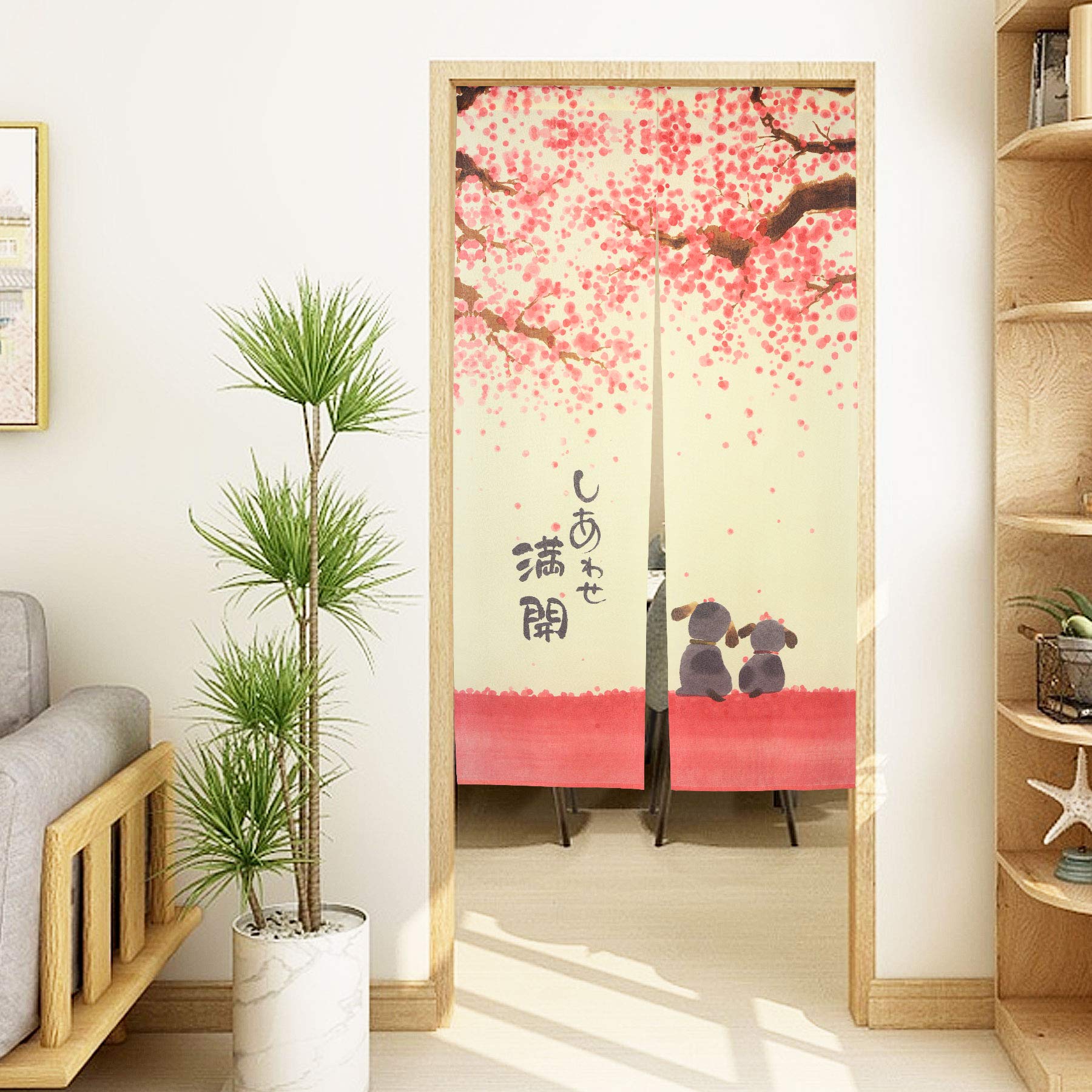 Japanischer Noren Vorhang - Raumteiler Mit Fortune Cats & Kirschblüte - 85x180cm - Dickes Polyester