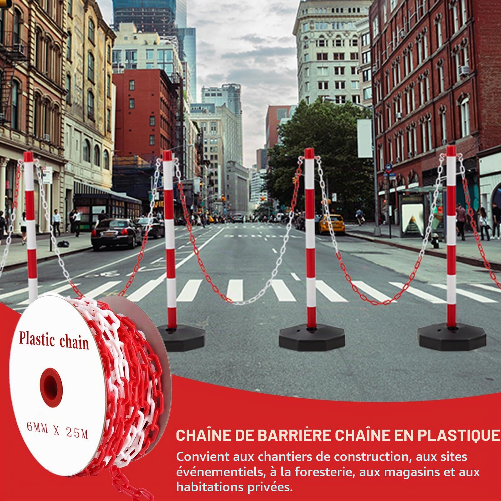 25m Barrière à Chaînes en Plastique Chaîne de Signalisation en Plastique Rouge et Blanc Avec 10 Mousquetons pour Avertissement Espace de Stationnement de Sécurité