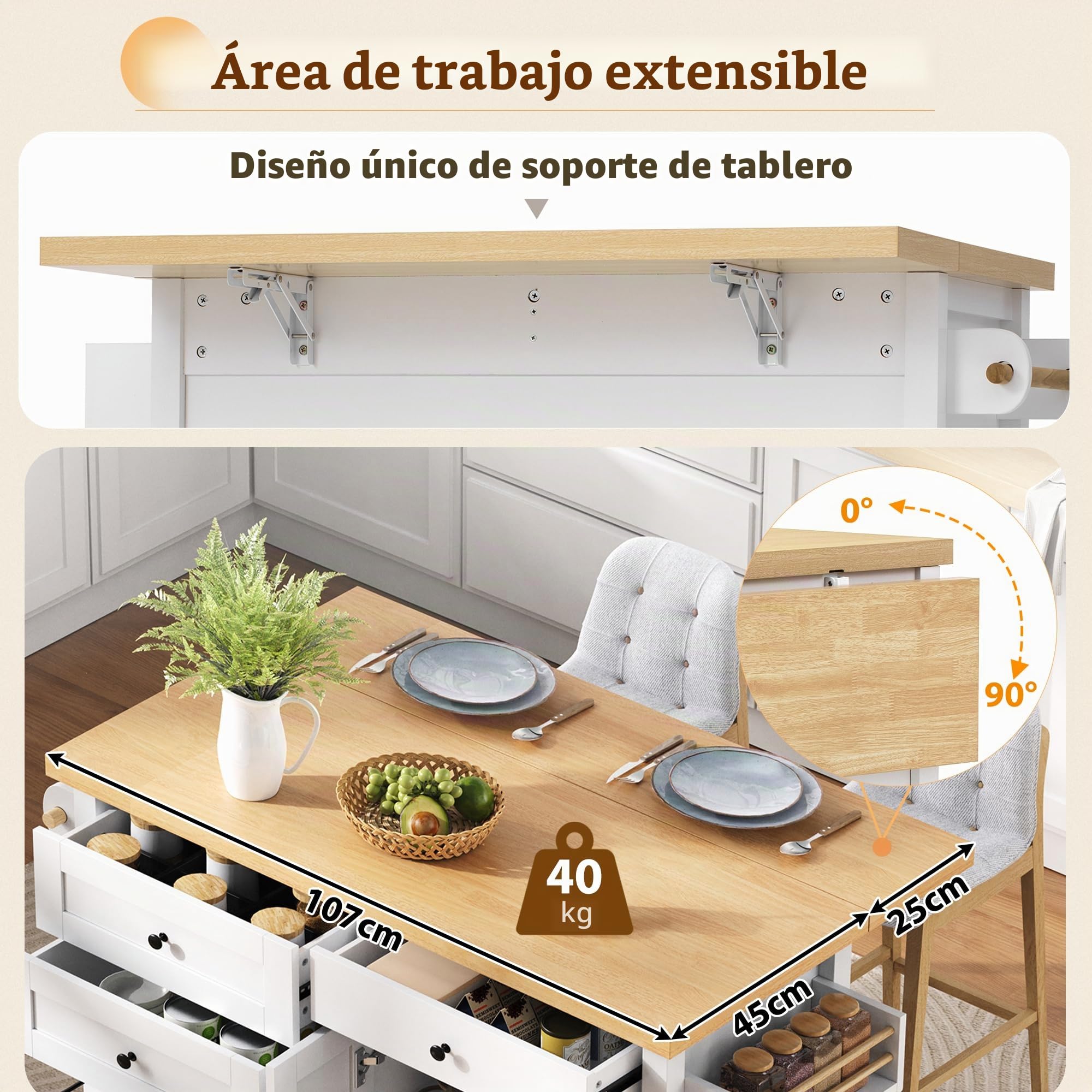 Kebnor Isla de cocina móvil con ruedas y mesa de comedor extensible, carrito de cocina con cajones multifunción, ideal para cocina y comedor (blanco)