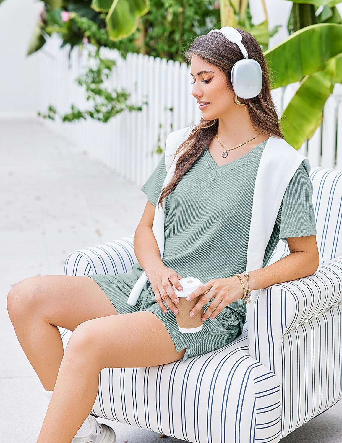 Ekouaer Womens Pajama Sets Short Sleeve Knit Lounge Set 2 Piece Pj Sets for Women V Neck Casual Loungewear - Image 5