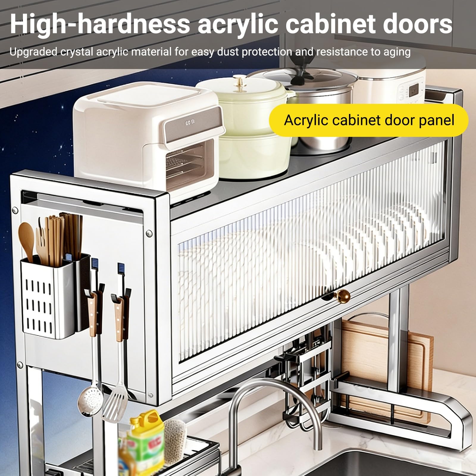 Escurridor de platos, acero inoxidable, almacenamiento sobre fregadero, soporte multifuncional para utensilios de cocina para platos, vasos, cuencos y cubiertos