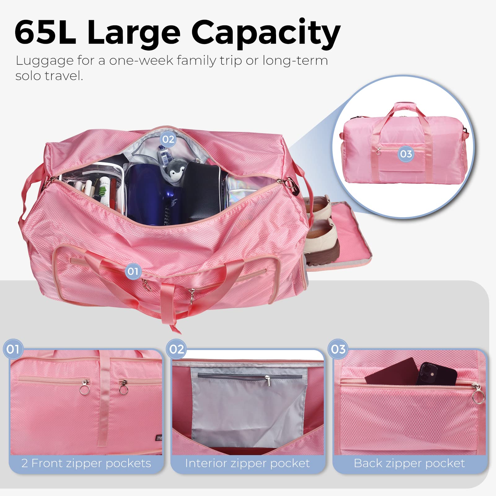 Fmeida 65L Borsone da Viaggio Unisex Adulto, Grande Borsone Palestra con Scomparto per Scarpe e Tracolla, Impermeabile Duffel Bag Borsa