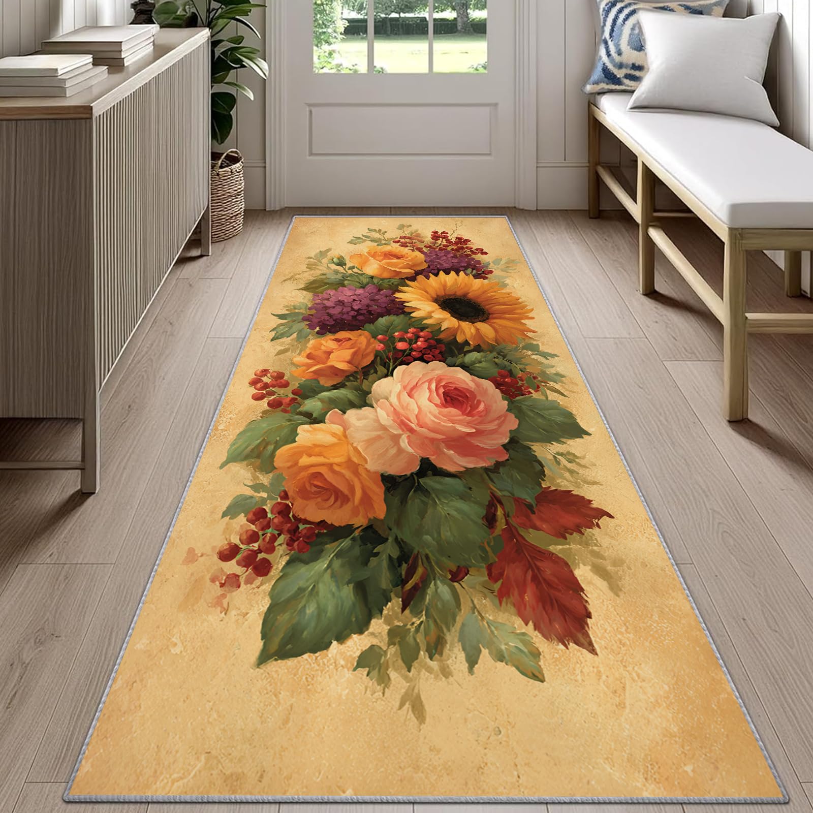Rustic Floral Runner Rug for Hallway 100x300cm Fall Sunflower Carpet Runner, Vintage Flower Long Hall Carpet, Non Slip Floor Mats for High Traffic Areas in Home