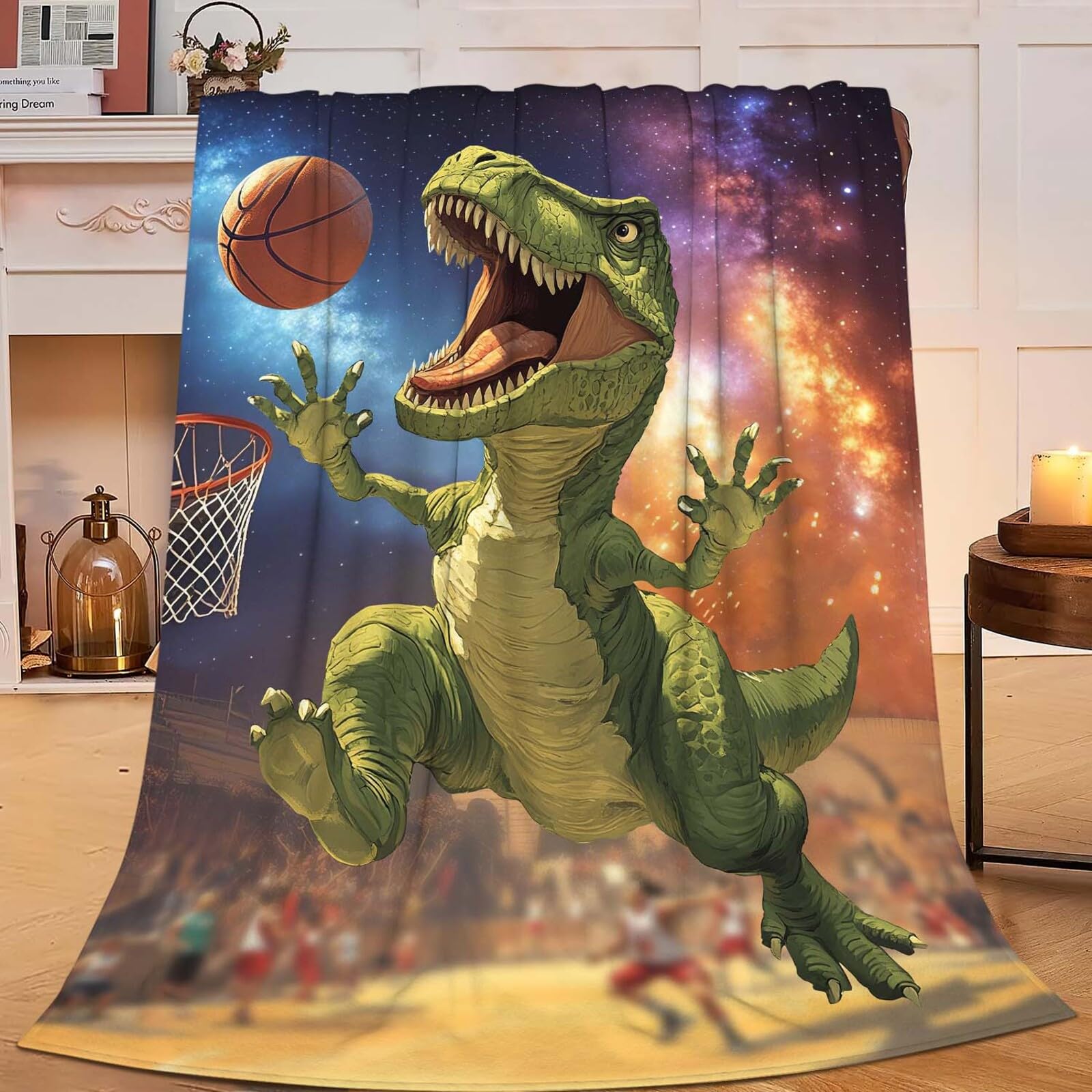 Dinosaur Throw Blanket Funny Dinosaur Basketball Stuff Gifts for Kids Girls Boys Adults Women Man Soft Cozy Warm Plush Fluffy Fuzzy Fleece Blanket Decor 40''X50''