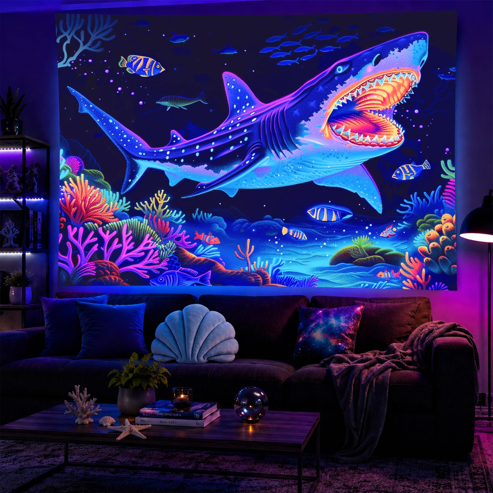 BlissYard Blacklight Tapestry Shark Underwater UV Backdrop 78 x 59 Inch