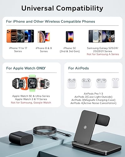 Miniatura 6 de Estación de carga 3 en 1 para múltiples dispositivos Apple, soporte de cargador inalámbrico plegable para iPhone 17 16 15 14, base de carga rápida