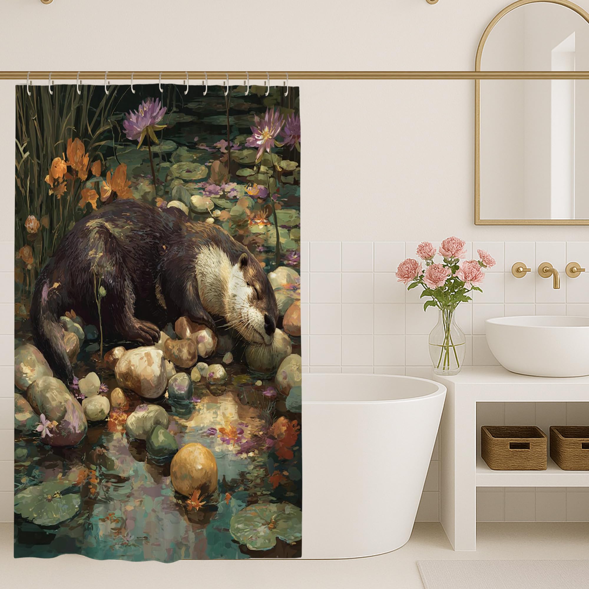 Nature Shower Curtain, Watercolor Brown Green Otter Pond Bathroom Decor, Spring Summer Artistic Rustic Waterproof Fabric Shower Curtain with Hooks 40x78 Inch