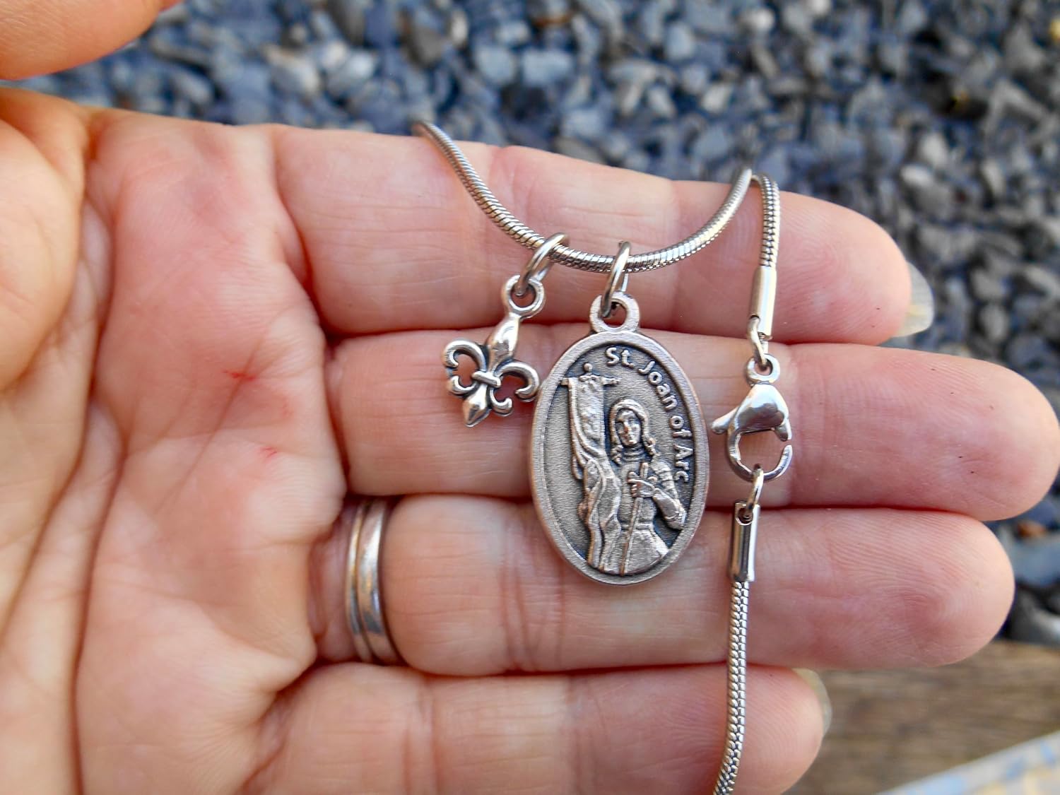Saint Joan of Arc Necklace, 18" Stainless Steel Snake Chain, Fleur de Lis Charm, Patron Saint of France, Confirmation Gift - Image 4