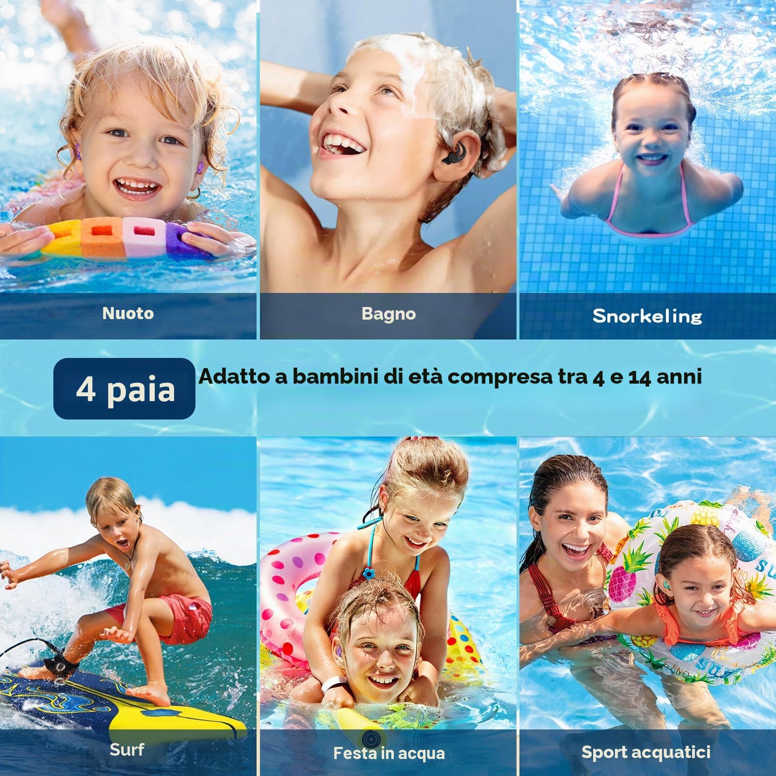 Tappi orecchie piscina bambini – 4 paia impermeabili riutilizzabili in morbido silicone tappi per le orecchie per doccia, nuoto, surf, snorkeling e altri sport acquatici